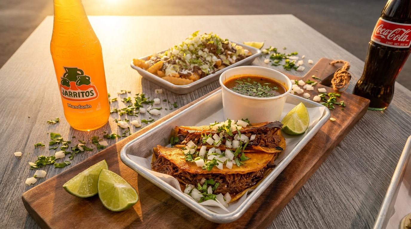 Birria quesatacos with consomé broth, cilantro, onion and lime on a wooden board