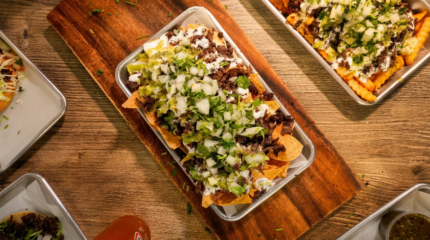 Carne asada nachos with guacamole, sour cream, onion and cilantro