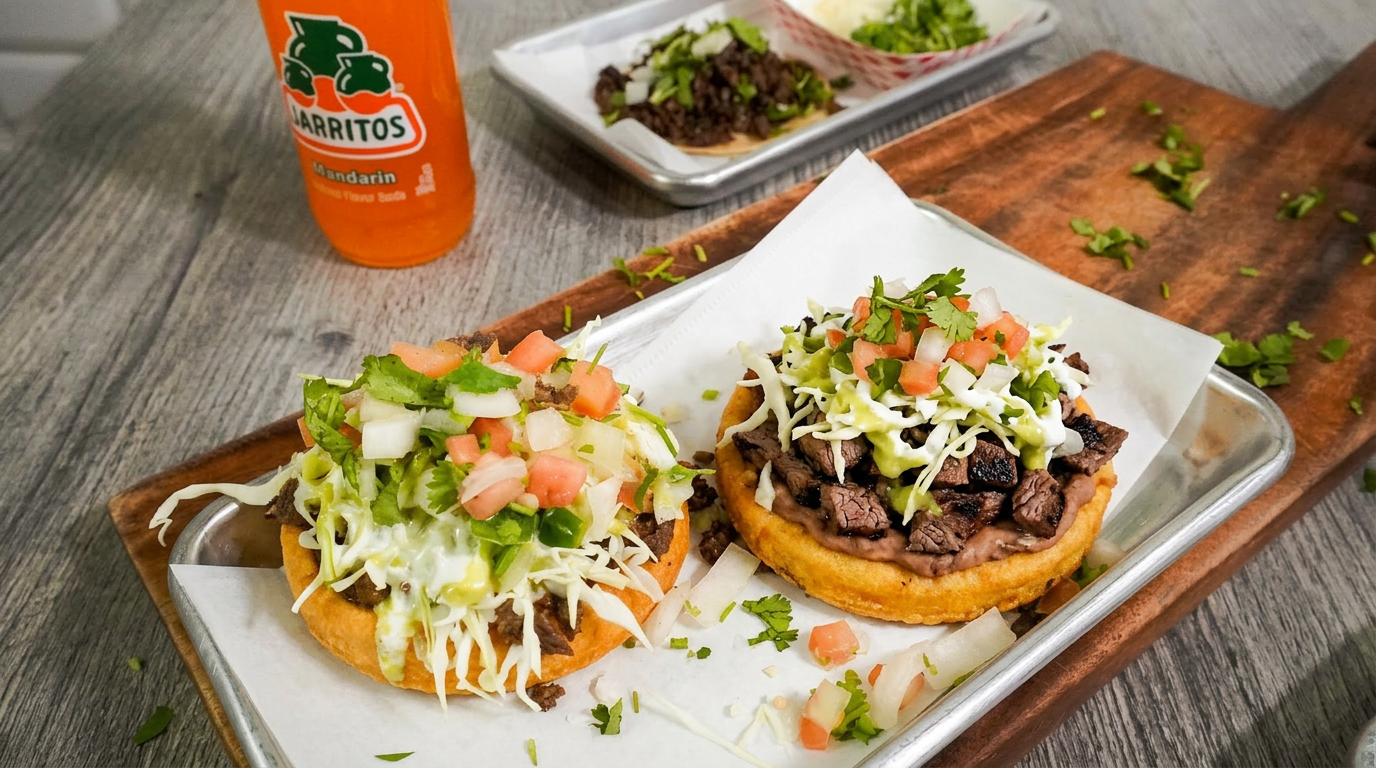 Handmade Mexican sopes topped with carne asada, beans, cabbage and pico de gallo