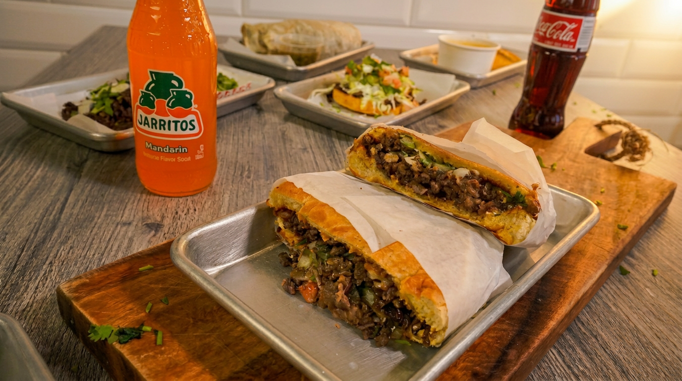 Mexican carne asada torta with beans, onion and cilantro on toasted telera bread